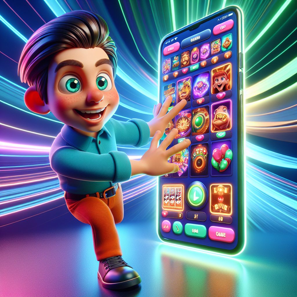 AK333 App mobile gaming interface with cartoon character