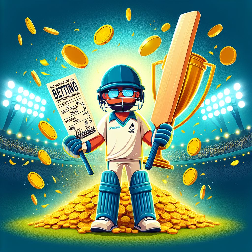 AK333 sports betting cartoon character holding a cricket bat and winning tickets