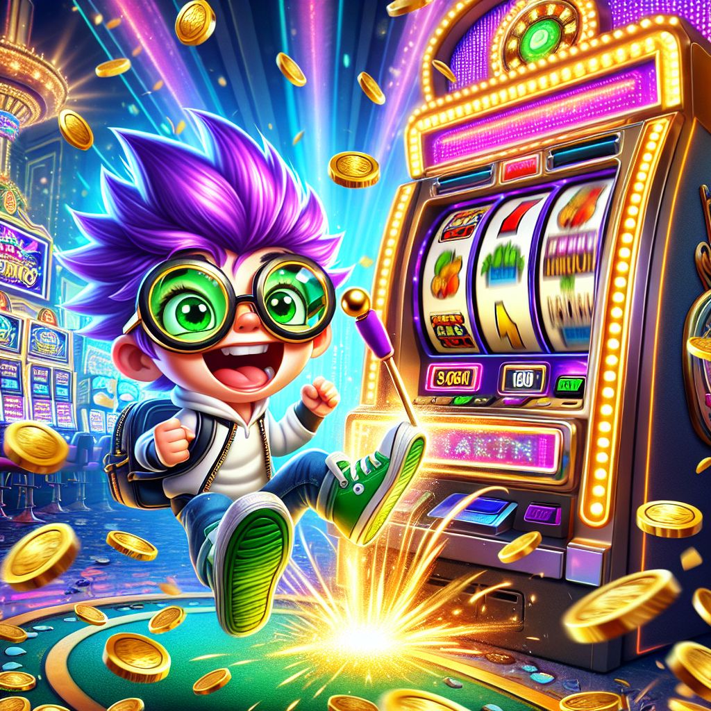Cartoon character spinning a slot machine and winning coins at AK333